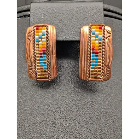 Vintage Navajo GW Stamped Copper Beaded Stud Earrings Southwestern Sunset Palett - Picture 1 of 6